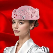Women Vintage Church Hats Crystal Flower Applique Felt Pillbox Hats Fascinator Tea Party Hats
