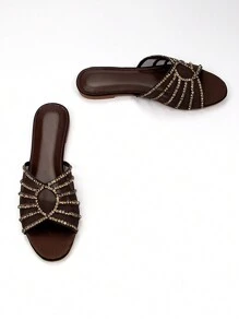 Women's Glamorous Rhinestone Hollow-Out Mesh Decor Chocolate Brown Suede Round Toe Comfortable Casual Party Flat Mules,Spring Summer Outfits - Chocolate Brown - View 4