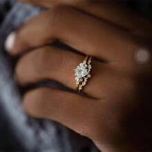 Set de 2 anillos de compromiso con cristal de corte princesa, anillo de boda único y artístico, decoración de novia, regalo para aniversario de boda o Día de San Valentín