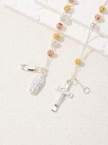 1 pieza Pulsera con colgante de la Virgen María y cruz católica chapada en estilo clásico de dos tonos, hecha a mano pura de plata 925 con caja de regalo de lujo, adecuada para madres/San Valentín, parejas, hermanas, amigos, creyentes para uso diario/festival y oración