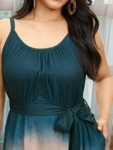 大码女式夏季蓝色渐变色系带胸围口袋连衣裙