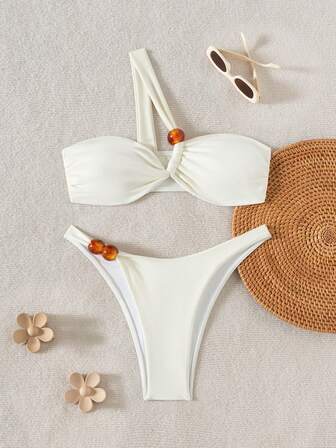 Solid Color Bead Detail One Shoulder Top & Low-Waist Bottom Bikini Set, For Summer Beach Vacation
