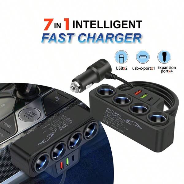Carregador de carro One Tow Four ABS preto, adaptador de energia para carro 2 USB e PD QC3.0, distribuidor de energia multifuncional para carro com 7 conectores, adequado para modelos de 12-24 V, acessórios para carro
