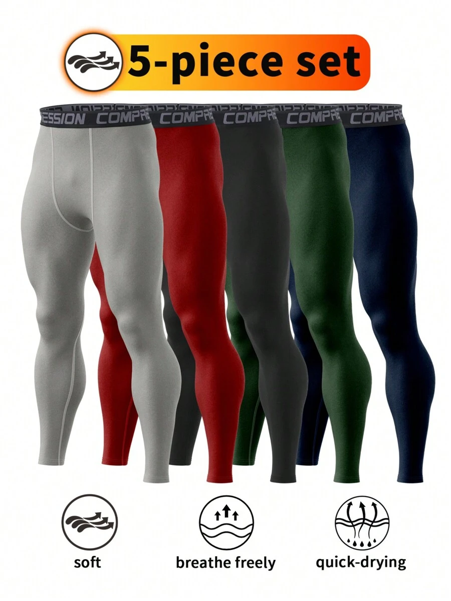 5pcs Men's Compression Tights Athletic Pants, Elastic Breathable Quick Dry Leggings For Running, Fitness, Training - Multicolor - View 1
