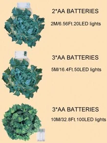 1 Green Ivy Leaf Fairy String Light, 20/50/100LED Battery Powered Artificial Flower Garland Vine, Plastic Material, With Switch Control, Suitable For Bedroom Wedding Party Holiday Decoration, Flower Theme, No Battery