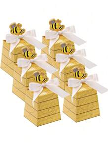 10pcs Bee Pattern Paper Gift Boxes With Bow Decor, Candy Boxes For Birthday, Party Decoration Packaging