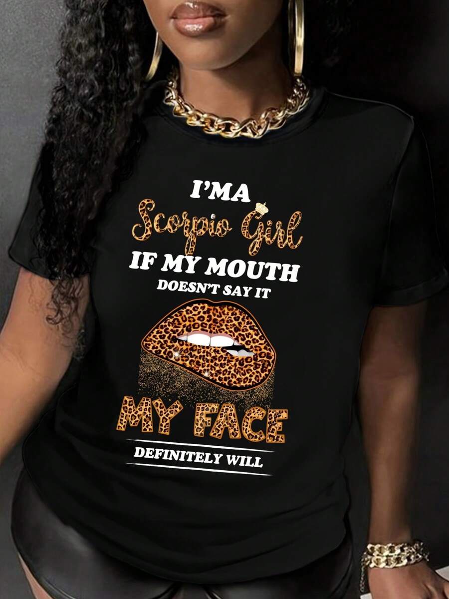Women's 100% Cotton Im A Scorpio Girl Mouth T-Shirt, Women's Christmas 220g Heavy Cotton T-Shirt (1 PC) - màu đen - Xem 1