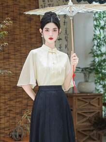 Hanfu informal de estilo chino elegante de primavera con cuello de mandarín de satén albaricoque, mangas cortas, tejido jacquard semitransparente para uso diario