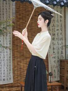 Hanfu informal de estilo chino elegante de primavera con cuello de mandarín de satén albaricoque, mangas cortas, tejido jacquard semitransparente para uso diario