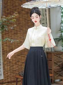 Hanfu informal de estilo chino elegante de primavera con cuello de mandarín de satén albaricoque, mangas cortas, tejido jacquard semitransparente para uso diario