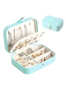 1 pieza Caja de almacenamiento de joyas de PU, organizador de joyas portátil de viaje, caja de almacenamiento de tocador, caja de exhibición de joyas de múltiples compartimentos, caja de regalo de almacenamiento, caja de exhibición, tapa abatible simple, gran capacidad, adecuado para guardar anillos, collares, aretes, relojes, labiales y otros accesorios, accesorios de dormitorio, suministros de viaje al aire libre, cierre con botón de seguridad, estilo internacional hermoso, adecuado para viajes y el hogar, regalo ideal para niñas