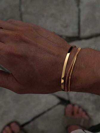 3pcs/Set Men's Stainless Steel Gold-Tone Adjustable C-Shape Bracelet With Chain, Suitable For Daily Wear, Father's Day, Valentine's Day, Anniversary, Boyfriend Birthday Gift, Christmas, New Year Party Gift