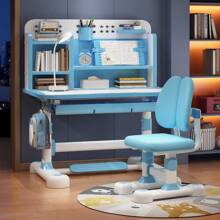 Kids Study Desk & Chair Set, Height Adjustable Children School Study Table Chair Set With Sitting Corrector, Ergonomic Desk Chair With Book Stand, Foot Pedal, Partition Design (Pink, Blue) - Blue - View 8