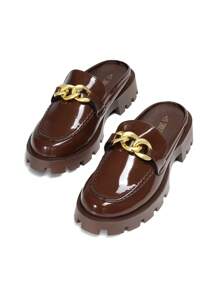 Women Mules Slippers Chunky With Gold Chain Decor Slip On Platform Thick Comfortable Fashion Classic Loafers Flat Slides Shoes - màu nâu - Xem 2