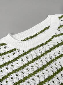 Women's Crochet Striped Knit Vest, Lightweight Round Neck Ruffle Trim Short Sleeve Top - Multicolor - View 8