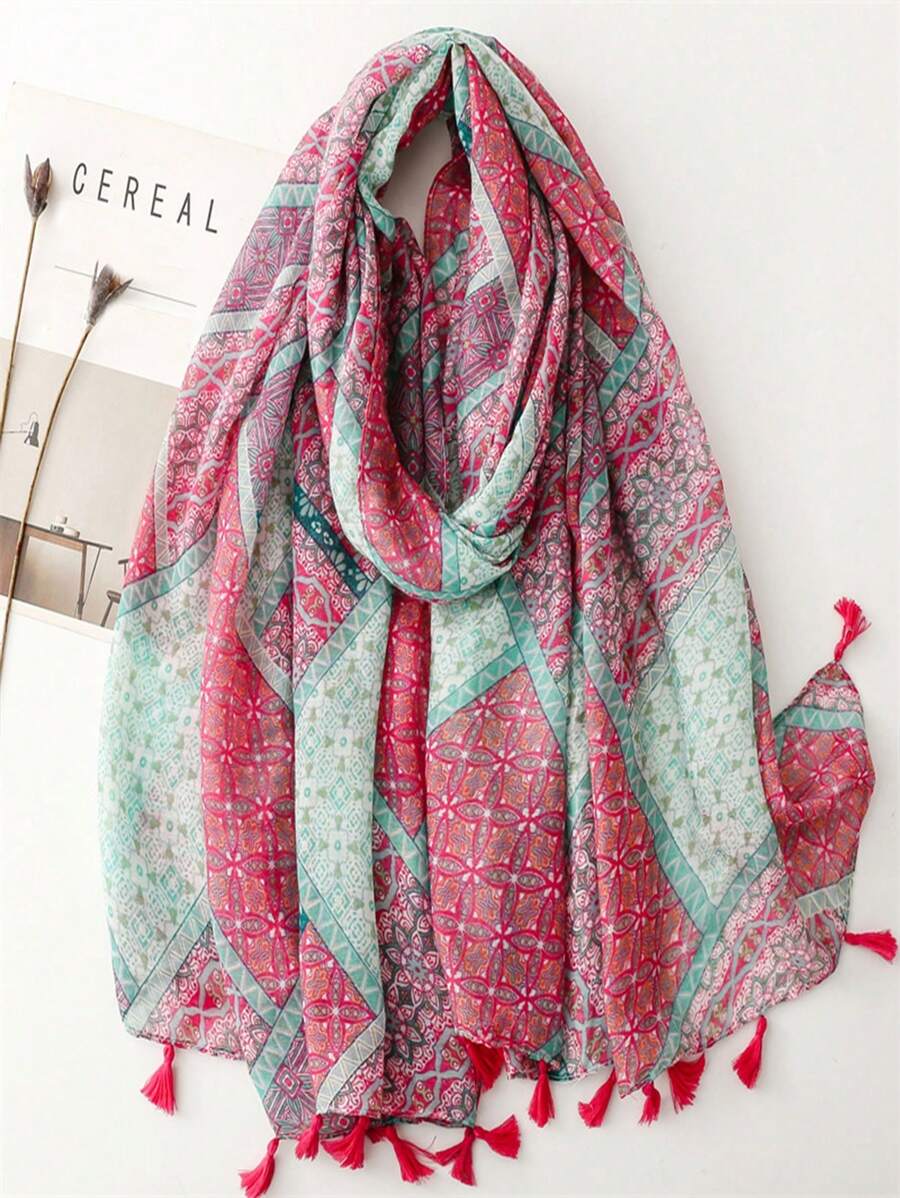 优雅简约丝巾，时尚女士真丝围巾，色彩鲜艳的印花大披肩，波西米亚风沙滩披肩，亚麻质感女士披肩，春夏款 - 彩色 - 查看 1