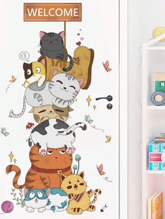 mama look 1 件卡通可爱猫狗门贴纸，自粘墙壁艺术贴花，适用于客厅、卧室、浴室，可移除 PVC 壁画，房间装饰，家居装饰，墙壁装饰，浴室装饰，卧室装饰，房间装饰用品，客厅装饰，家居装饰，客厅墙纸贴纸，个性化贴纸