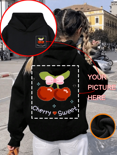 Customized Front & Back Print Pattern Hooded Sweatshirt For Teenage Girls, Autumn/Winter, Suitable For School Uniform, Graduation, Pet Photo, Travel Logo Etc., Can Be Customized With Any Design, Has Pockets