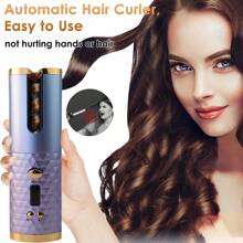 自动卷发棒，无线自动卷发器，陶瓷旋转卷发棒，6档温度设置带定时功能，便携式可充电卷发棒，自动断电，快速加热造型 - 紫色 - 查看 3