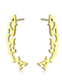 Aretes con nombre personalizado para mujeres, joyas de acero inoxidable con inicial y placa de nombre, aretes de clavos para uso diario como regalo - Dorado - Ver 5