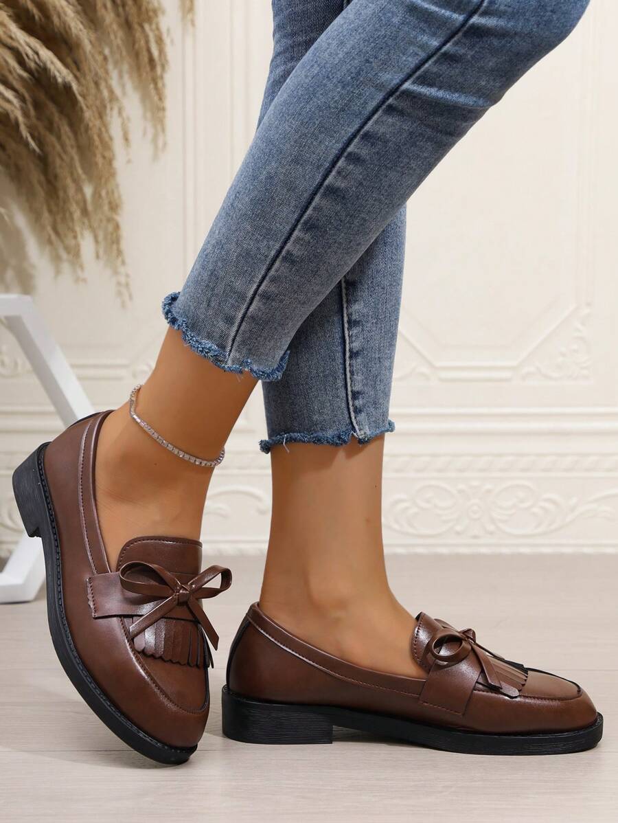 Women's Plus Size Bow Decor Flatform Matte Leather Loafers - Brown - View 1