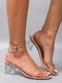 Women's High Heel Sandals, New Summer Clear Heels Crystal Thick Heel Shoes, Stylish Mid Heels Office Work Shoes, Chic Thick Heel High Heels, Women's Shoes - Apricot - View 3