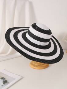 1pc Women's Black & White Striped Wide Brim Sunhat, Fashionable Korean Style For Outdoor, Beach, Vacation - Black and White - View 13