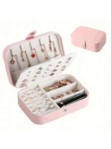 1 pieza Caja de almacenamiento de joyas de PU, organizador de joyas portátil de viaje, caja de almacenamiento de tocador, caja de exhibición de joyas de múltiples compartimentos, caja de regalo de almacenamiento, caja de exhibición, tapa abatible simple, gran capacidad, adecuado para guardar anillos, collares, aretes, relojes, labiales y otros accesorios, accesorios de dormitorio, suministros de viaje al aire libre, cierre con botón de seguridad, estilo internacional hermoso, adecuado para viajes y el hogar, regalo ideal para niñas