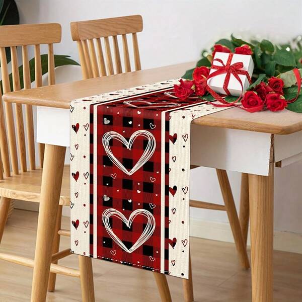 Mantel de San Valentín con diseño a cuadros búfalo y corazones - Decoración de mesa rectangular de poliéster tejida para celebraciones en interiores y reuniones familiares