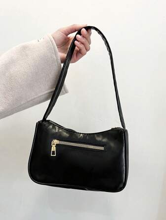 经典时尚新款单肩包，纯黑色 PU 材质，腋下包，手提包，轻便百搭