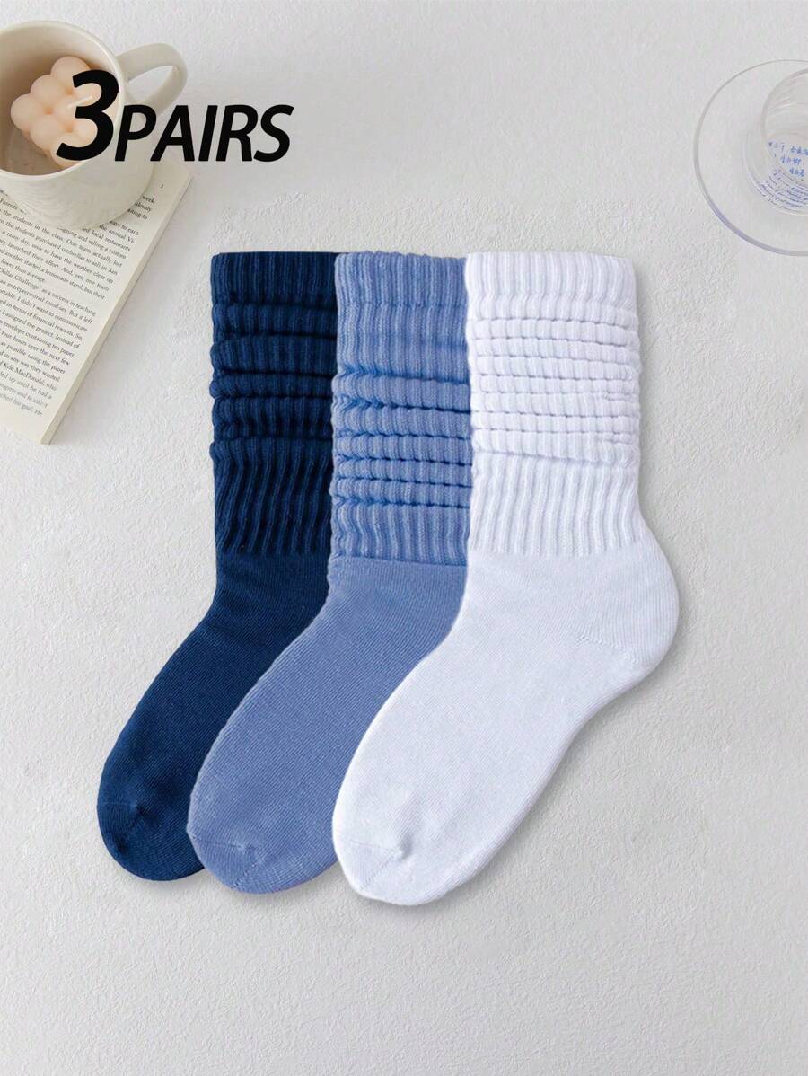 多双女士中筒袜，白色和蓝色罗纹袜，适合返校、开斋节、睡衣搭配，柔软舒适吸湿排汗，时尚休闲百搭