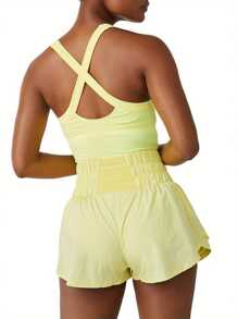 Womens Mini Tennis Dresses Skort Summer Sleeveless One Piece Workout Romper Dress With Shorts Athletic Outfit - Yellow - View 4