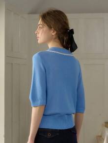 Simple Retro Cárdigan de verano elegante para mujer con cuello de Peter Pan, con encaje, costuras en contraste y bordados, de manga corta y corte ajustado, ideal para vacaciones - Azul - Ver 4