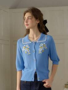 Simple Retro Cárdigan de verano elegante para mujer con cuello de Peter Pan, con encaje, costuras en contraste y bordados, de manga corta y corte ajustado, ideal para vacaciones - Azul - Ver 3