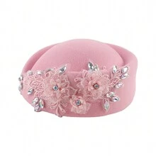 Women Vintage Church Hats Crystal Flower Applique Felt Pillbox Hats Fascinator Tea Party Hats
