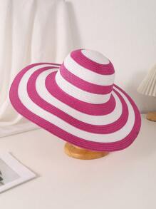 1pc Women's Black & White Striped Wide Brim Sunhat, Fashionable Korean Style For Outdoor, Beach, Vacation - Black and White - View 7