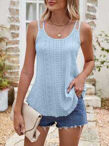 Eyelet Embroidery Tank Tops For Women Scoop Neck Sleeveless T-Shirt Summer Casual Solid Color Blouse - 藍色 - 查看 4