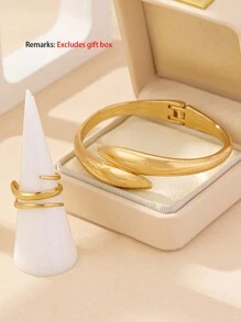 3 pièces/set Ensemble de bijoux mode minimaliste en métal, avec bracelet, bague et boucles d'oreilles clous à forme géométrique lisse en larme