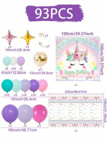 93pcs/Set Pink Purple Unicorn Birthday Balloon Backcloth Set, Balloon Set Perfect For Birthday Party Wall Background, Decorative Balloon Arch Kit, Birthday Gift Party Favor, Birthday Decor Birthday Balloon, Unicorn Decor, Ladies' Birthday Decoration, Including 89pcs Pink Purple Confetti Balloon &1pc Unicorn Birthday Background & 1pc Unicorn Tablecloth Table Cover & 2pcs Balloon Accessory