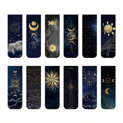 12 件夜月食磁性书签 - 防水、耐用、多设计，适用于书籍、办公室和家庭使用（页夹、冰箱贴、板夹）、学校用品、返校