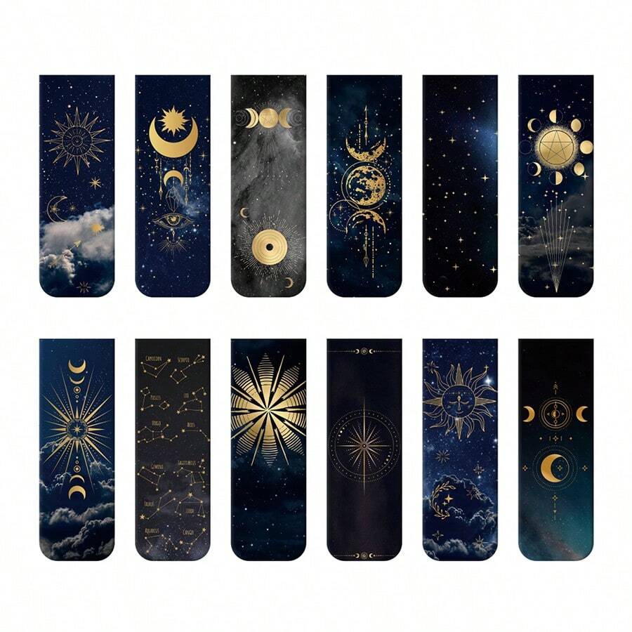 12 件夜月食磁性书签 - 防水、耐用、多设计，适用于书籍、办公室和家庭使用（页夹、冰箱贴、板夹）、学校用品、返校