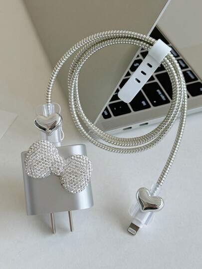 Deluxe Rhinestone Bow & Silver Heart Decoration Cell Phone Charger Protector Set, Compatible With IPhone 20W/18W Charger, Charging Cable Protective Rope, Charging Head Protective Cover, Japan And Korea Style Personalized Cute Cable Protector