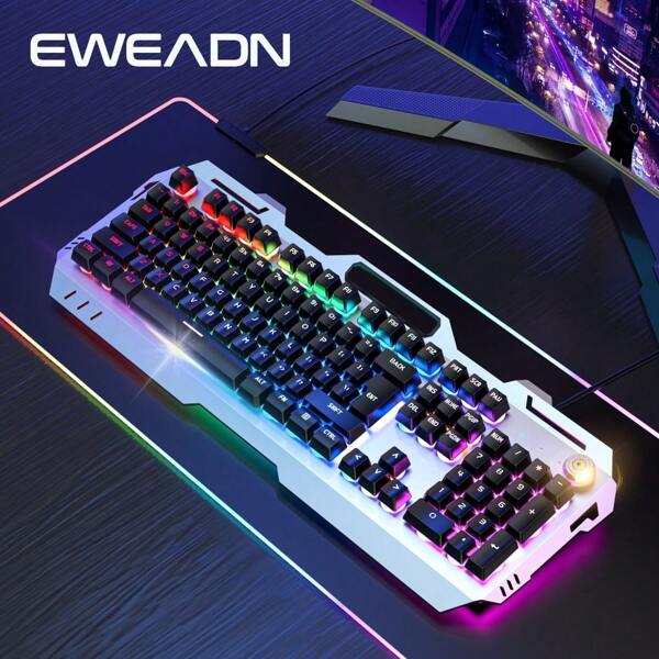 Clavier de jeu EWEADN GX810 avec fil - Rétro-éclairage LED, 104 touches grand format silencieux, clavier ergonomique noir, avec bouton rotatif, pour ordinateur de bureau et ordinateur portable, fournitures et accessoires de bureau universels, bon marché