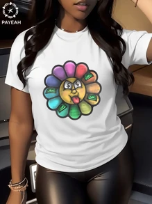 1 pieza Camiseta de algodón 100% de manga corta para mujer, estampado digital de flores de girasol estilo hip hop, 220g