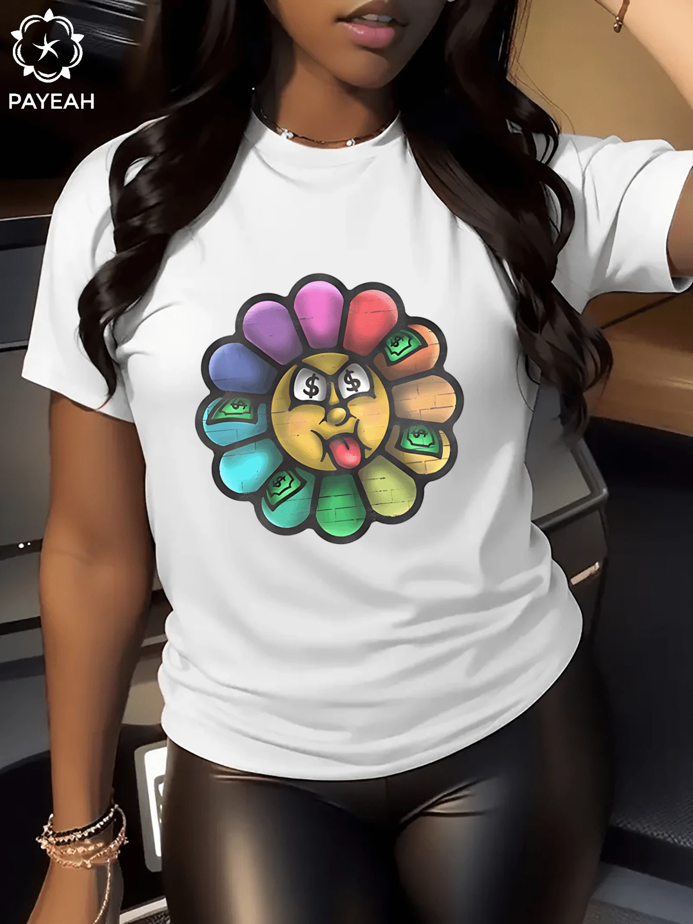 1 pieza Camiseta de algodón 100% de manga corta para mujer, estampado digital de flores de girasol estilo hip hop, 220g