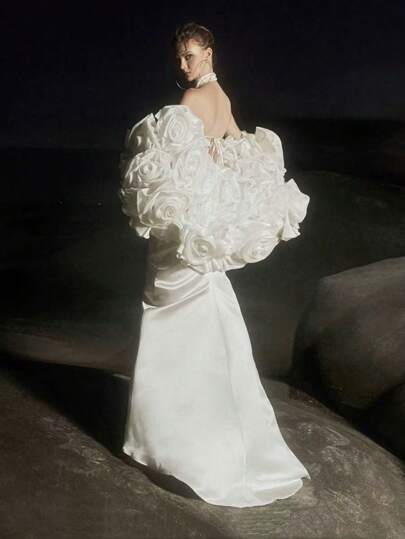 European & American Style Handmade 3D Flower Shawl/Capelet, High-End Formal Dress Accessory, Pink & Red Colors