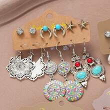24 pièces/6 pièces Set de boucles d'oreilles résine à pompons bohèmes vintage, boucles d'oreilles à tige et pendantes en forme de cœur, lune, fleur. Convient pour les voyages, les tenues casual quotidiennes