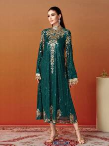 Women's Stand Collar Floral Sequined Long Sleeve Long Elegant Arabian Dress, Formal Evening Prom Wedding Guest Gown, For Graduation, Dinner Party Dress