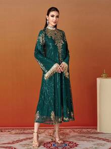 Women's Stand Collar Floral Sequined Long Sleeve Long Elegant Arabian Dress, Formal Evening Prom Wedding Guest Gown, For Graduation, Dinner Party Dress