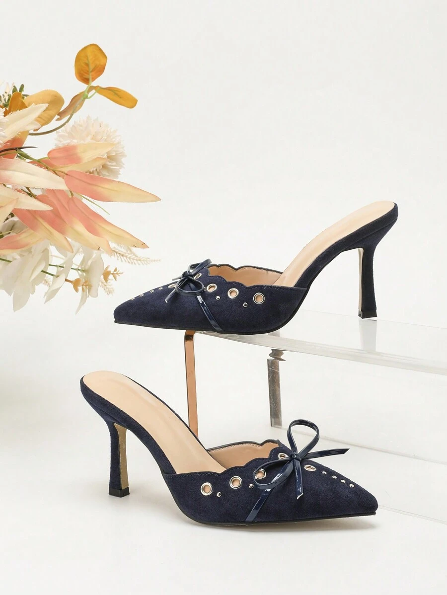 Tacones de punta con lazo de color azul zafiro, tacones altos finos para fiesta con efecto slip-on para mujeres